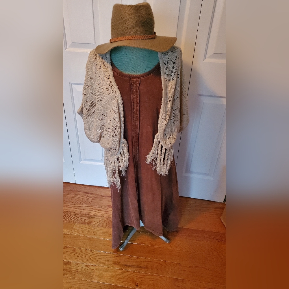 One A Cream Fringe Open-Knit Shrug